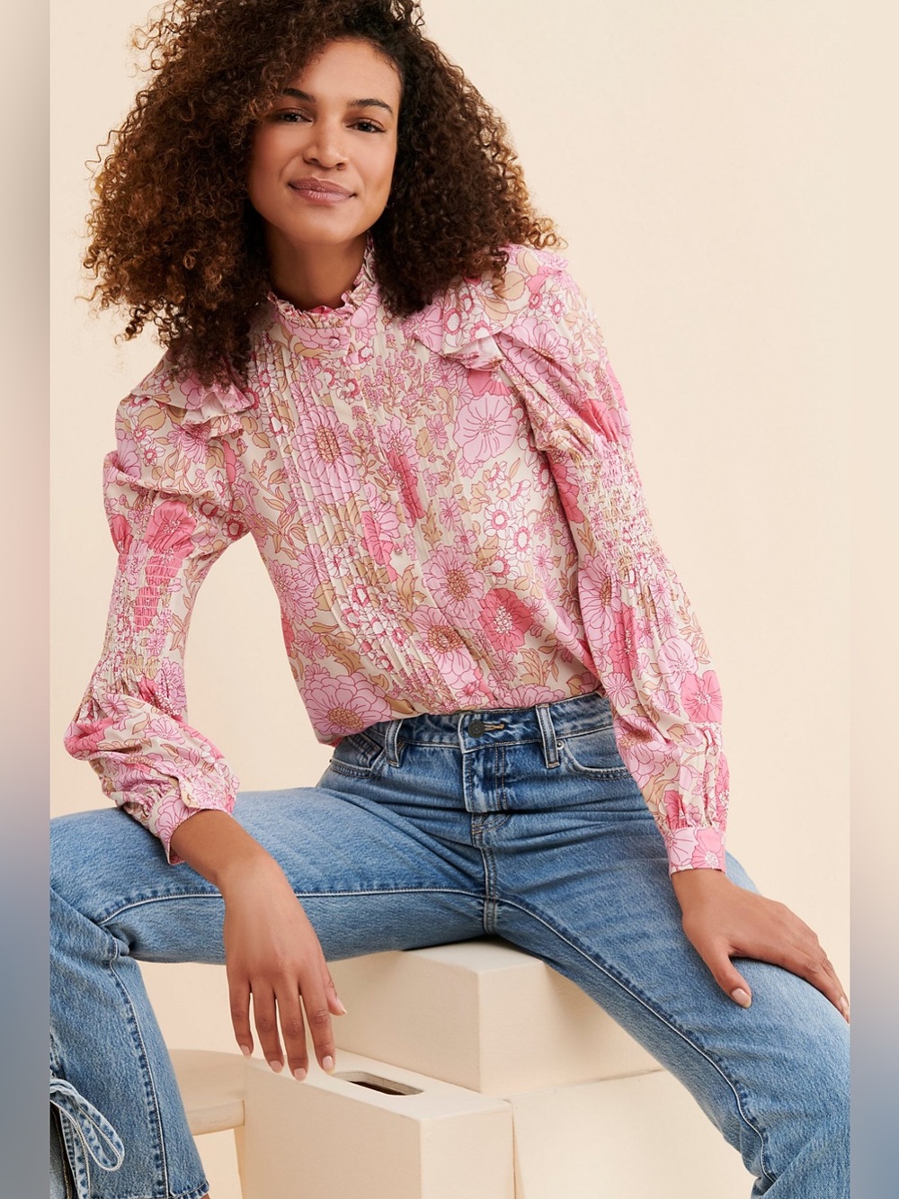 Selkie The Tuxedo Blouse Pink Print Floral Button-Up Long Sleeve Top
